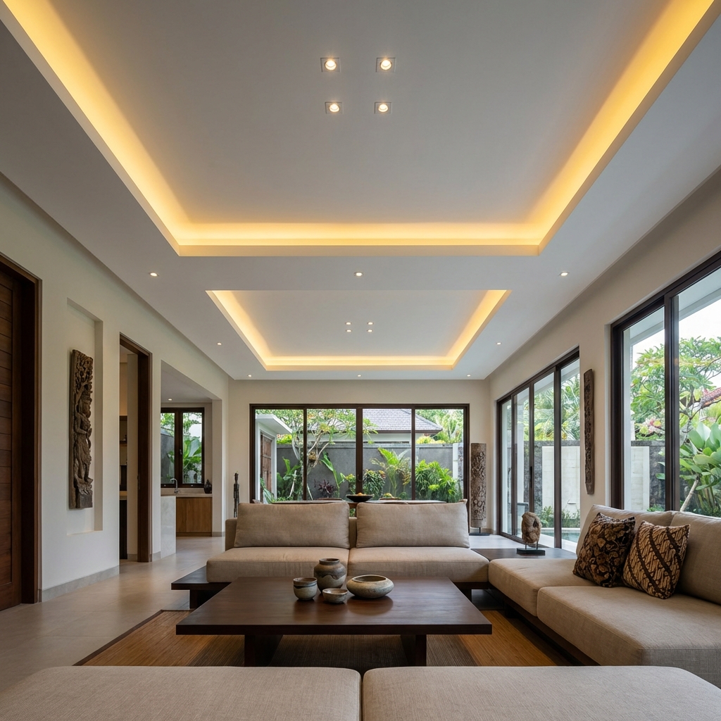 Desain Plafon Gypsum Drop Ceiling dengan Lampu LED Tersembunyi